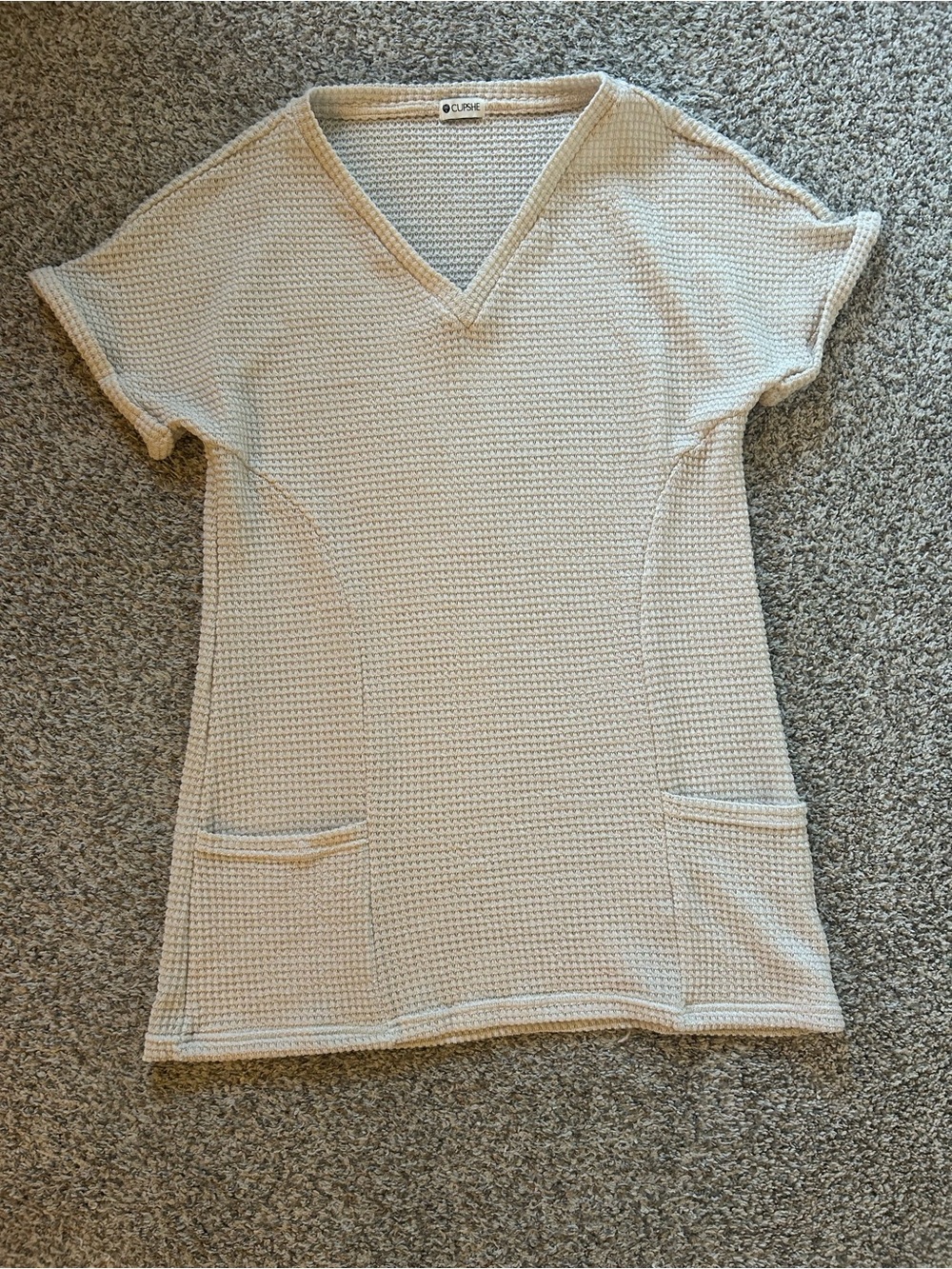 Eclipse Cream Waffle-Knit V-Neck Tunic with Pockets